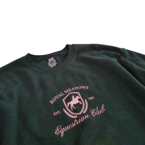 Equestrian Horse Sweatshirt Forest Green with Light Pink Design