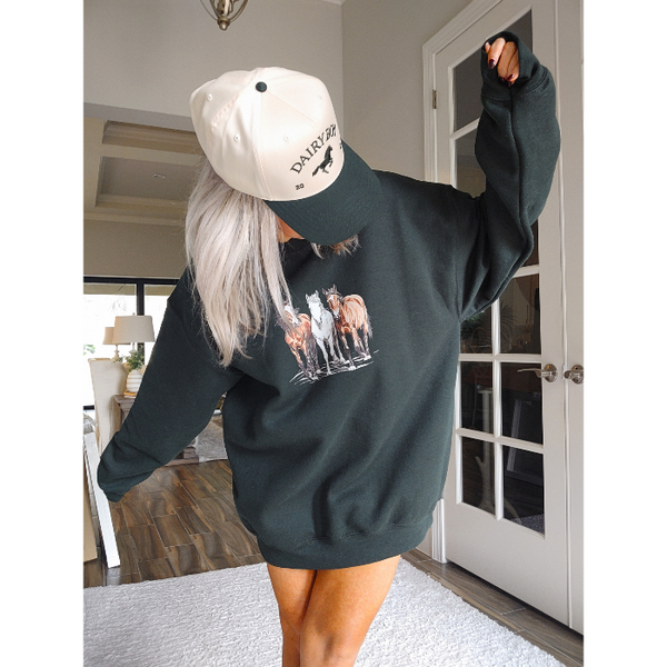 Introducing our Horse Sweatshirt, the perfect gift for any horse lover! This 90s Vintage Western Style sweatshirt embodies the Boho Ranch Retro vibe with its trendy Equestrian Crewneck design. Size up for an oversized fit and stay cozy with this cute and retro cowgirl sweatshirt.