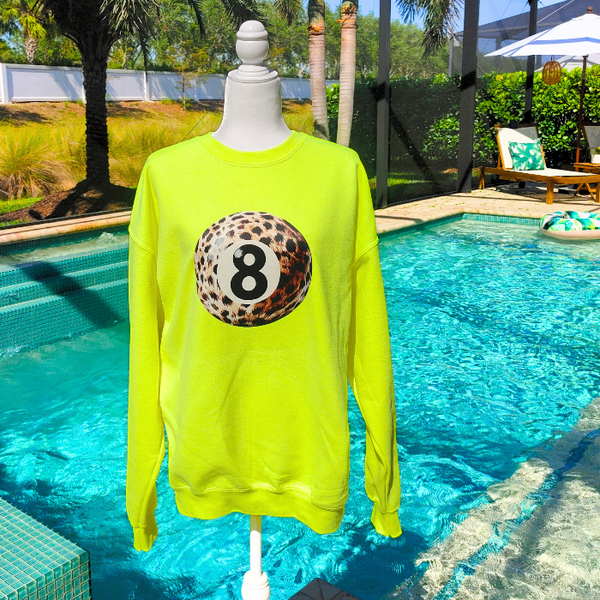 Take a stylish risk with our Neon Yellow Bold Leopard Animal Print 8 Ball Sweatshirt. This trendy crewneck is perfect for spring and summer and adds a fun pop of color to any outfit. Get ready to make a statement and stand out in this unique, aesthetic and preppy sweatshirt. This trendy crewneck is unisex and makes a great gift for anyone. Don't forget to size up for that extra oversized look!