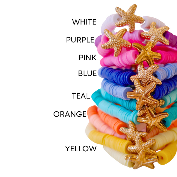 Bring the ocean to your accessory collection with our Preppy Starfish Bracelet. Adorned with a two tone colorful Heishi Clay beads, this summer bracelet is perfect for gifting or accessorizing your own look. Enjoy the bold bright ocean vibes and stretch fit of this bracelet, also perfect for stacking.
