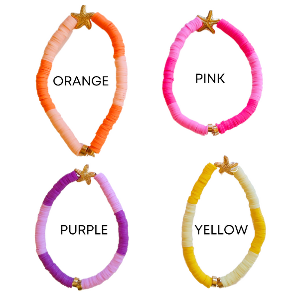 Bring the ocean to your accessory collection with our Preppy Starfish Bracelet. Adorned with a two tone colorful Heishi Clay beads, this summer bracelet is perfect for gifting or accessorizing your own look. Enjoy the bold bright ocean vibes and stretch fit of this bracelet, also perfect for stacking.