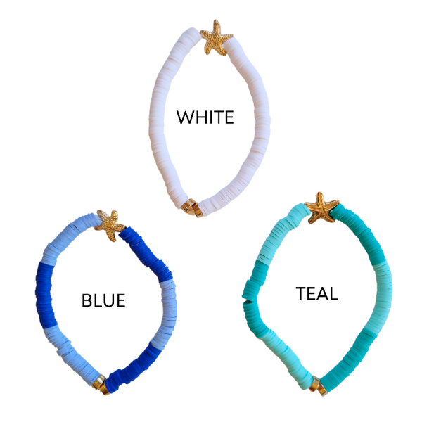 Bring the ocean to your accessory collection with our Preppy Starfish Bracelet. Adorned with a two tone colorful Heishi Clay beads, this summer bracelet is perfect for gifting or accessorizing your own look. Enjoy the bold bright ocean vibes and stretch fit of this bracelet, also perfect for stacking.