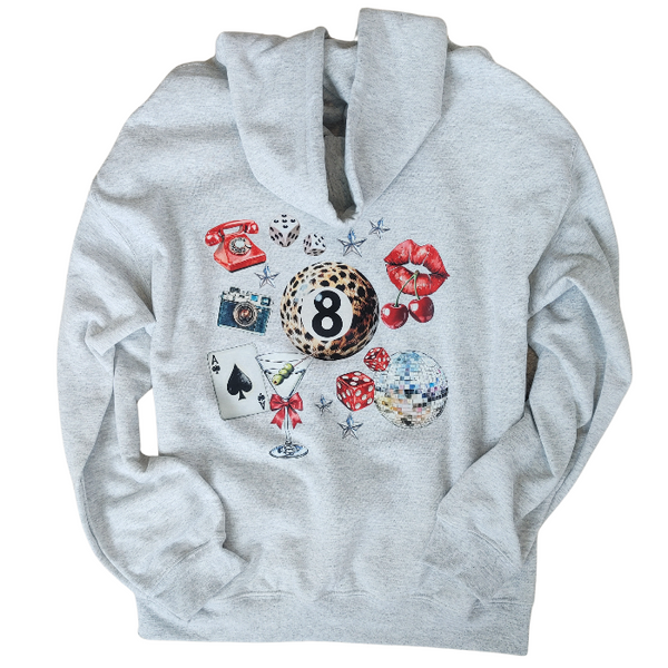 Unleash your inner luck and style with our Leopard 8 Ball Lucky Collage Hoodie. This trendy hoodie features a unique design of animal print, lucky symbols, and y2k style elements like dice, cherries, and disco balls. Perfect for a preppy aesthetic look, size up for an oversized fit.