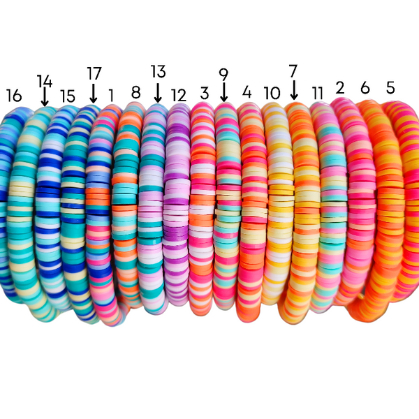 Our preppy, colorful, and bright mixed clay bracelets make the perfect summer (and beyond) accessory! With bright clay heishi beads, you can create unique stacking bracelets to match any outfit. The perfect gift idea for someone special!