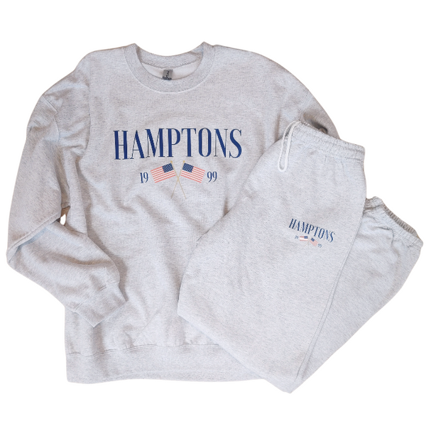 Introducing the Hamptons Sweatshirt and Sweatpants Set! These trendy and preppy set feature an American USA flag design, sweatpants have an oversized fit, an elastic waistband and cuff for added comfort, and a cozy loungewear feel. Perfect for your next beach vacation or for a stylish and comfortable look. Upgrade your wardrobe with this playful and comfortable set! (Sweatshirt size up for an even more oversized fit!)