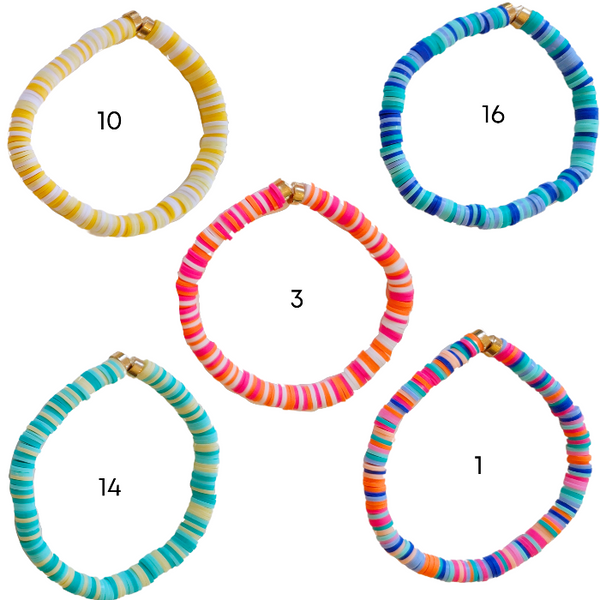 Our preppy, colorful, and bright mixed clay bracelets make the perfect summer (and beyond) accessory! With bright clay heishi beads, you can create unique stacking bracelets to match any outfit. The perfect gift idea for someone special!