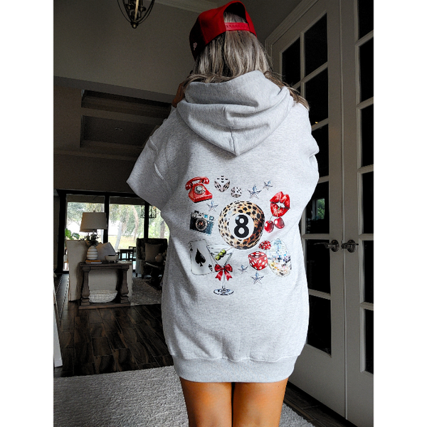 Unleash your inner luck and style with our Leopard 8 Ball Lucky Collage Hoodie. This trendy hoodie features a unique design of animal print, lucky symbols, and y2k style elements like dice, cherries, and disco balls. Perfect for a preppy aesthetic look, size up for an oversized fit.