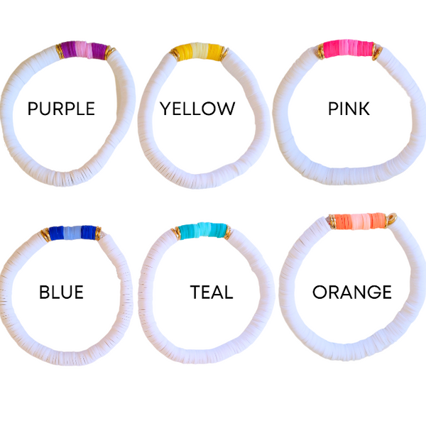 Express your summer style with these bright and cheerful Ombre Preppy Bracelets! Featuring a mix of Heishi clay beads, these colorful bracelets are perfect to wear alone or stacking to add a little fun to any outfit. Great for gifts for her! Who wouldn't love these cheerful, summer-inspired bracelets?