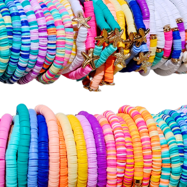 Brighten your summer look with these cheerful preppy bracelets! Crafted with colorful clay beads, they are perfect for stacking or wearing alone for a splash of fun. Great for accessorizing any outfit or as a gift idea - these beaded bracelets are sure to brighten up your day!