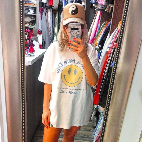 Spread positivity with our retro distressed vintage inspired smile face t-shirt. This 70s style shirt features a trendy, positive design and is available in both comfort color t-shirts and Gildan crewneck sweatshirts. Size up for an oversized, preppy aesthetic look. Perfect for those looking to make a statement and spread happy vibes. Thank us later!