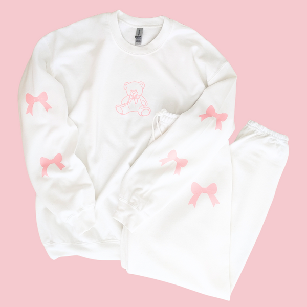 teddy bear pink bow sweatsuit set