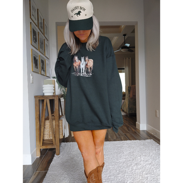 Introducing our Horse Sweatshirt, the perfect gift for any horse lover! This 90s Vintage Western Style sweatshirt embodies the Boho Ranch Retro vibe with its trendy Equestrian Crewneck design. Size up for an oversized fit and stay cozy with this cute and retro cowgirl sweatshirt.