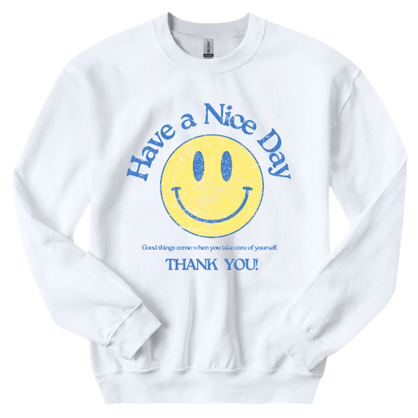 Spread positivity with our retro distressed vintage inspired smile face t-shirt. This 70s style shirt features a trendy, positive design and is available in both comfort color t-shirts and Gildan crewneck sweatshirts. Size up for an oversized, preppy aesthetic look. Perfect for those looking to make a statement and spread happy vibes. Thank us later!