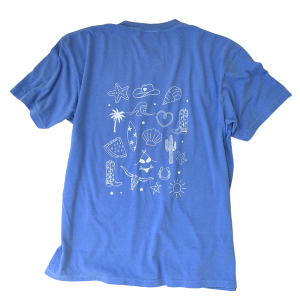 This Cowgirls Coastal Beach Club Graphic Tee is the perfect blend of western charm and summer style! This blue tee features a minimal front text and a fun beachy western graphic on the back—designed for trend-lovers and sunshine-chasers. Great for pairing with denim shorts, cowboy boots, or a trucker hat for the full cowgirl vibe. For that oversized, slouchy look, size up!