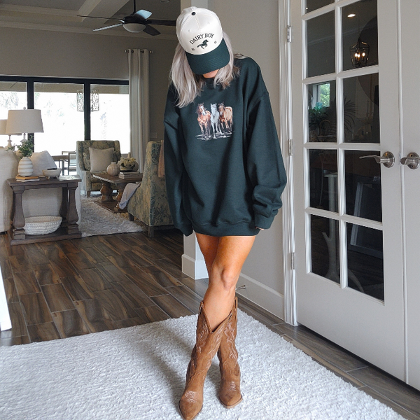 Introducing our Horse Sweatshirt, the perfect gift for any horse lover! This 90s Vintage Western Style sweatshirt embodies the Boho Ranch Retro vibe with its trendy Equestrian Crewneck design. Size up for an oversized fit and stay cozy with this cute and retro cowgirl sweatshirt.