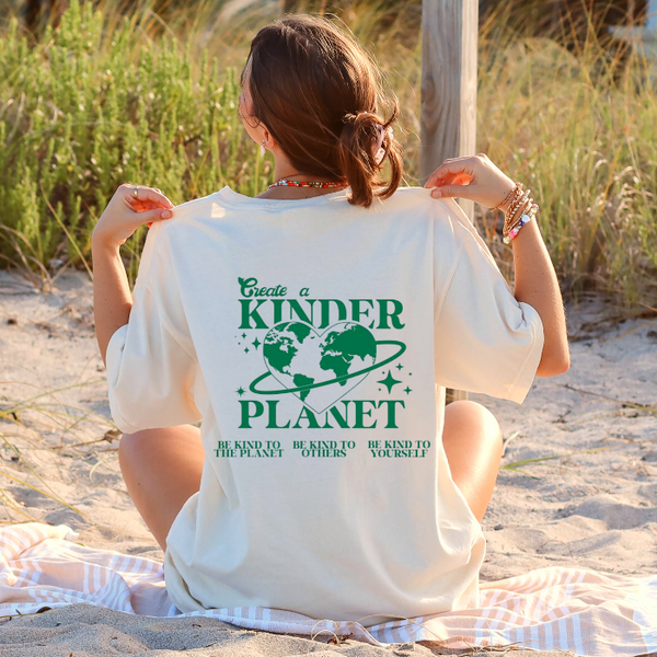 create a kinder planet words on back of  t-shirt