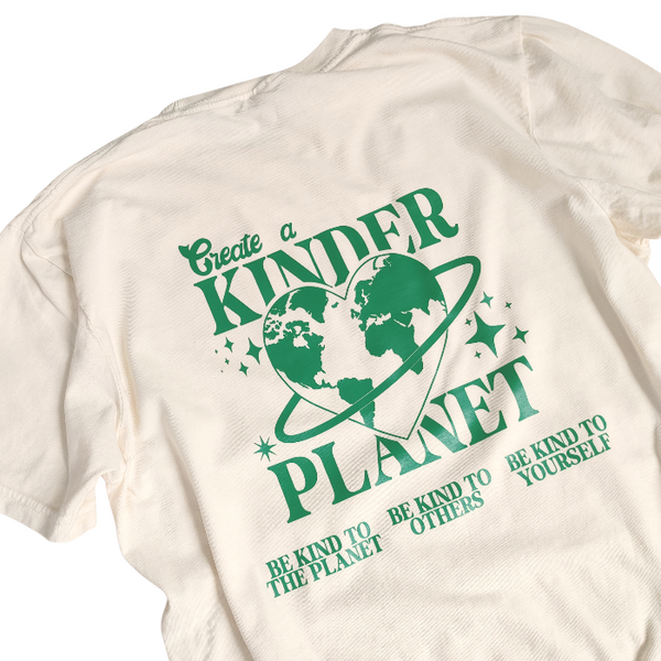 create a kinder planet words on back of  t-shirt