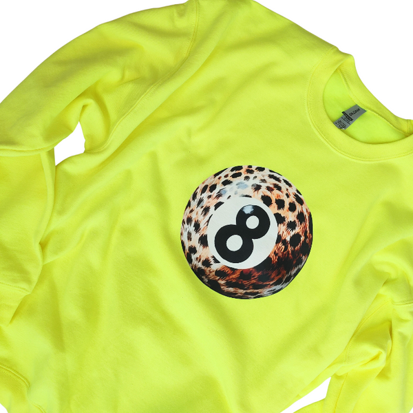 Take a stylish risk with our Neon Yellow Bold Leopard Animal Print 8 Ball Sweatshirt. This trendy crewneck is perfect for spring and summer and adds a fun pop of color to any outfit. Get ready to make a statement and stand out in this unique, aesthetic and preppy sweatshirt. This trendy crewneck is unisex and makes a great gift for anyone. Don't forget to size up for that extra oversized look!