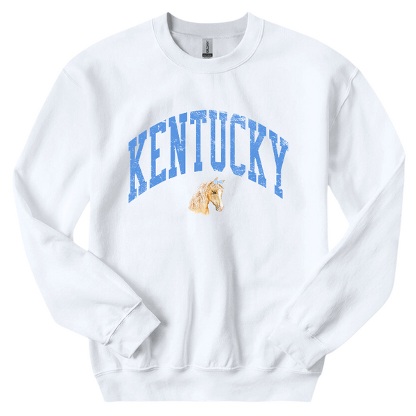 Stay cozy and stylish with our Kentucky sweatshirt, available in light pink and white! Featuring a cute coquette preppy horse with a bow, this distressed design is perfect for any horse lover or cowgirl. Ideal for a Kentucky derby outfit or as a gift, size up for an oversized fit. Order now and show off your love for all things western!