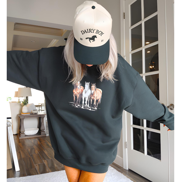 Introducing our Horse Sweatshirt, the perfect gift for any horse lover! This 90s Vintage Western Style sweatshirt embodies the Boho Ranch Retro vibe with its trendy Equestrian Crewneck design. Size up for an oversized fit and stay cozy with this cute and retro cowgirl sweatshirt.