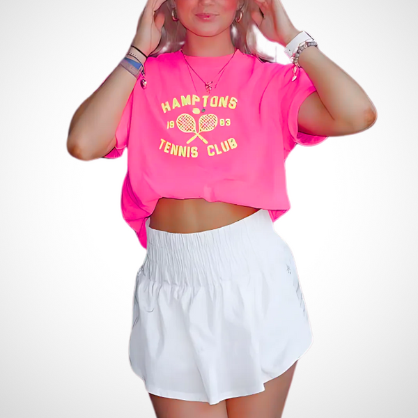 Serve up some serious style with the Hamptons Tennis Club T-Shirt! This preppy tee is the perfect way to add a pop of color to your to your summer wardrobe. Comfortable and stylish, it's perfect for the beach, pool or simply enjoying a warm day. But it's not just about style - this neon pink t-shirt, made by comfort colors is made with comfort in mind. Get ready to be the trendsetter this summer (and don't forget to size up for a trendy oversized fit!)