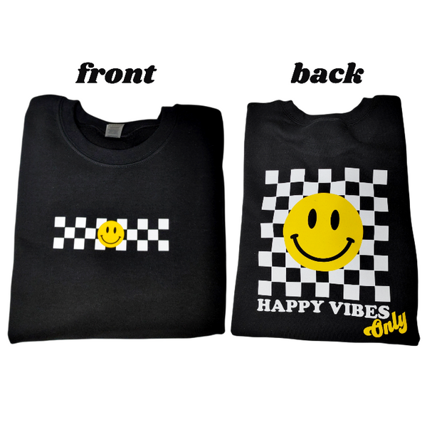 Smiley Face Checkerboard Happy Vibes Only Oversized Crewneck Sweatshirt