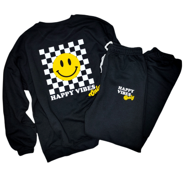Smiley Face Checkerboard Happy Vibes Only Oversized Crewneck Sweatshirt