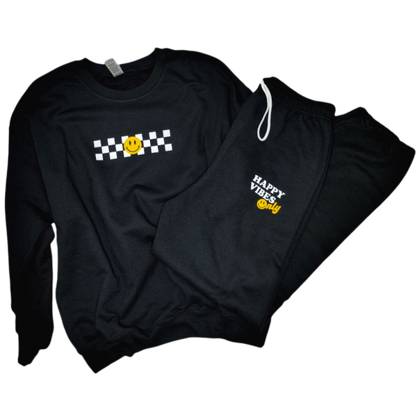 Smiley Face Happy Vibes Only Checkerboard Sweatpants