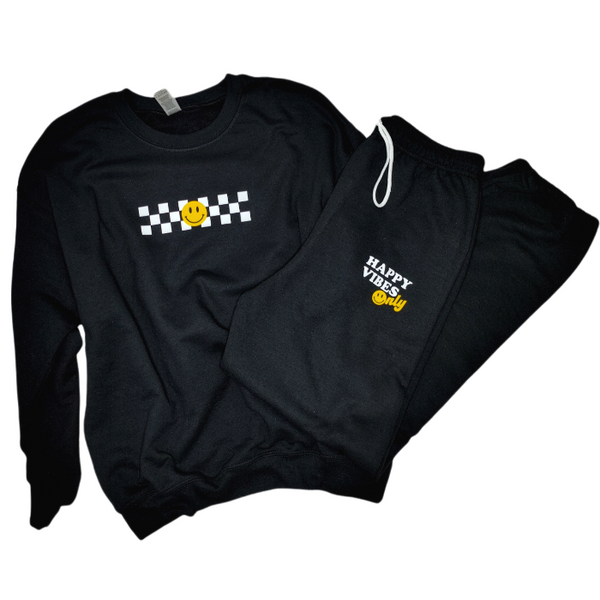 Smiley Face Checkerboard Happy Vibes Only Oversized Crewneck Sweatshirt
