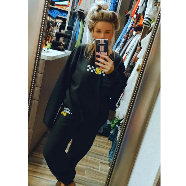 Smiley Face Happy Vibes Only Checkerboard Sweatpants