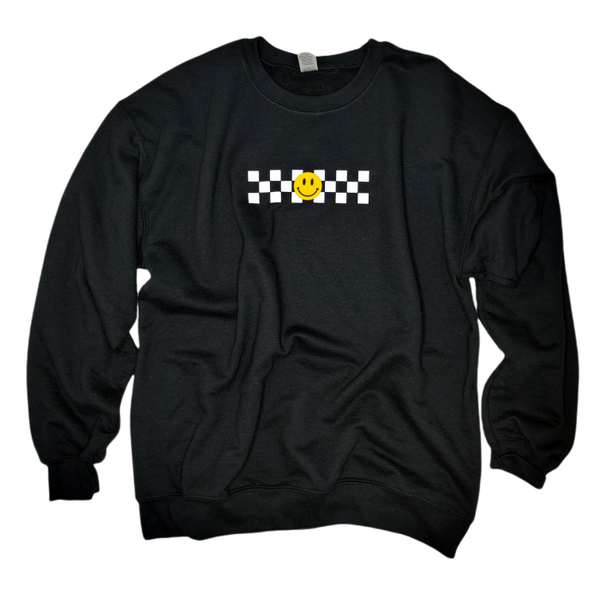 Smiley Face Checkerboard Happy Vibes Only Oversized Crewneck Sweatshirt