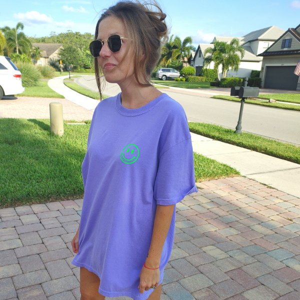 Neon Green Smiley Face Violet Purple Comfort Colors T-Shirt