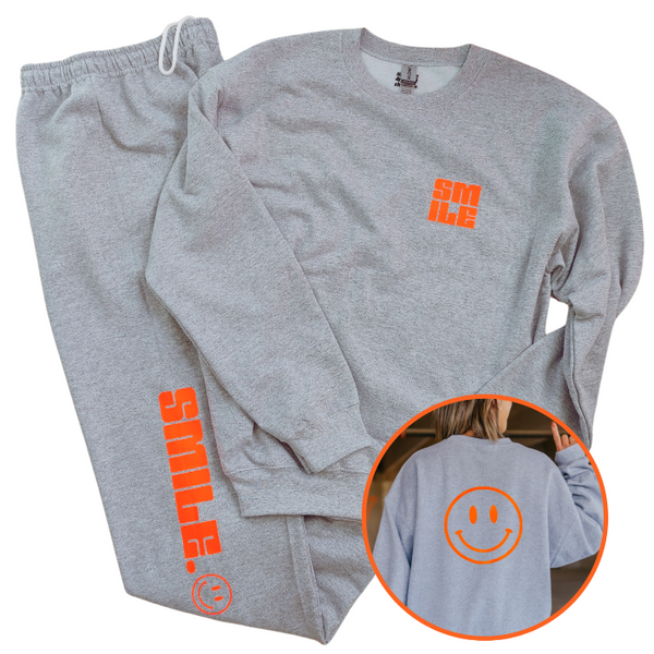 Sports Grey Neon Orange Smile Smiley Face Sweatpant & Sweatshirt Set