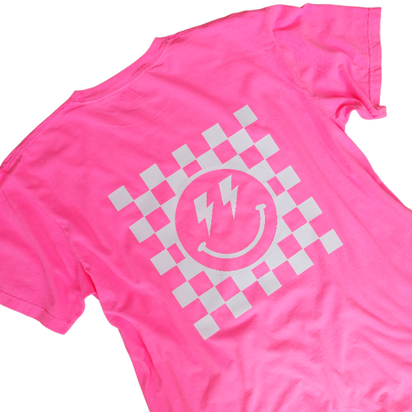 neon pink smiley face checkerboard lightning bolt t-shirt