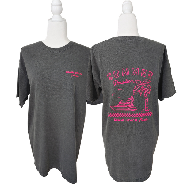pepper grey summer paradise miami beach florida neon pink t-shirt