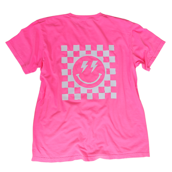 neon pink smiley face checkerboard lightning bolt t-shirt