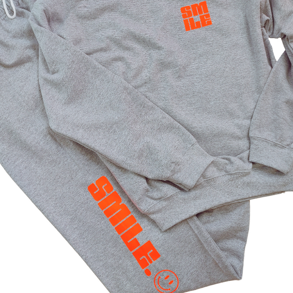 Sports Grey Neon Orange Smiley Face Crewneck Sweatsuit Set