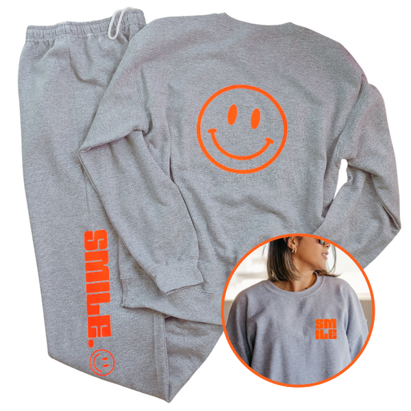 Sports Grey Neon Orange Smile Happy Face Sweatpant Set