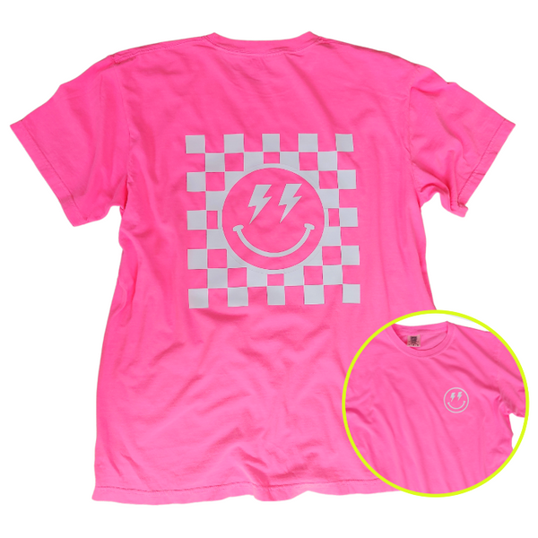 neon pink smiley face checkerboard lightning bolt t-shirt