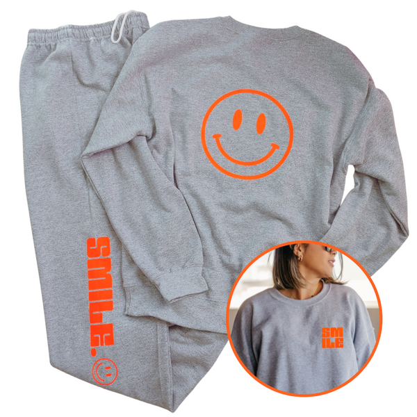 Sports Grey Neon Orange Smiley Face Crewneck Sweatsuit Set