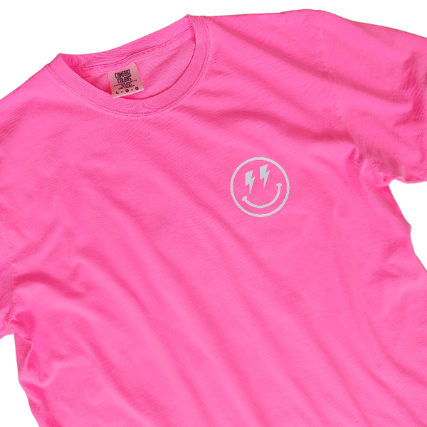 neon pink smiley face checkerboard lightning bolt t-shirt