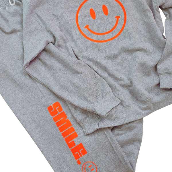 Sports Grey Neon Orange Smile Smiley Face Sweatpant & Sweatshirt Set