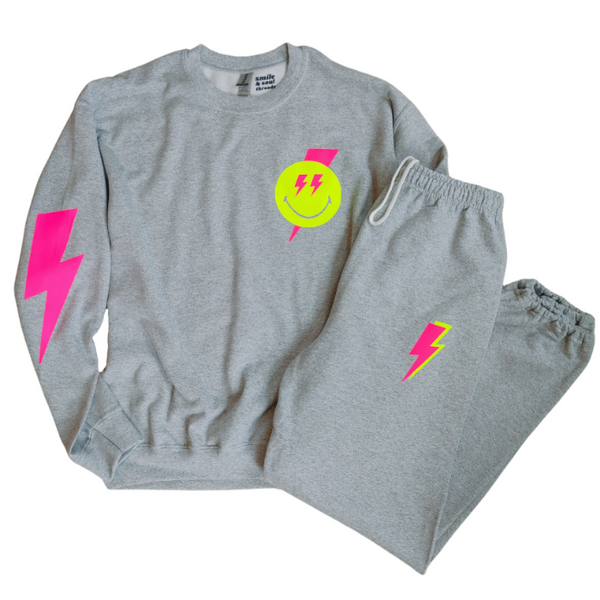 smiley face neon pink lightning bolt crewneck sweatsuit set