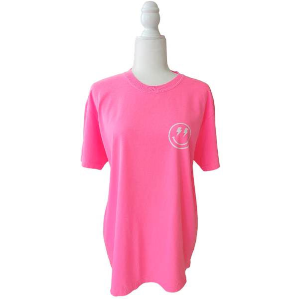 neon pink smiley face checkerboard lightning bolt t-shirt