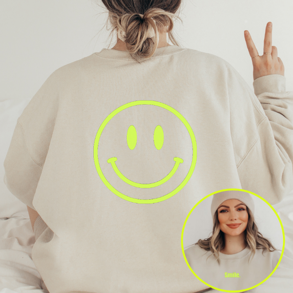 Neon Yellow Smiley Face Sweatshirt in the color Sand.