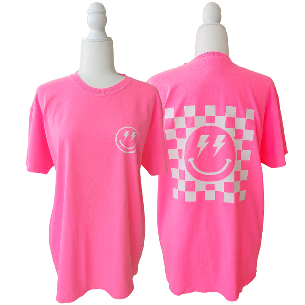 neon pink smiley face checkerboard lightning bolt t-shirt