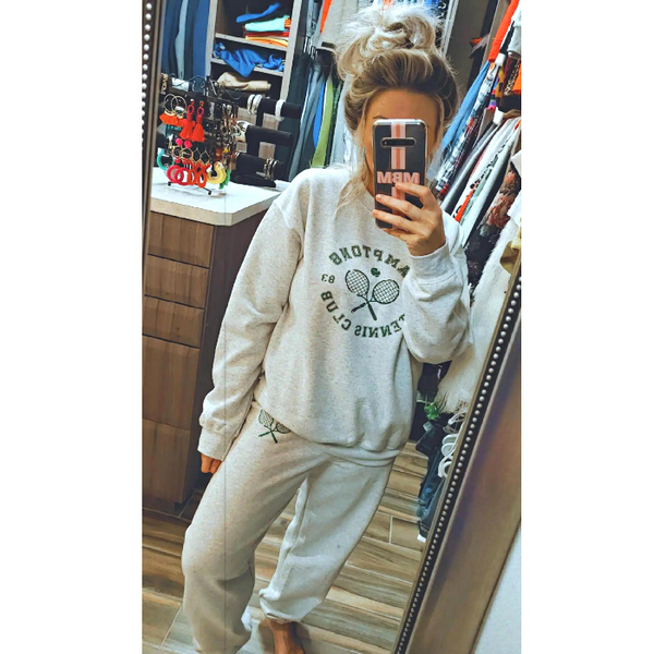 Ash distressed Hamptons Tennis Club Oversized Crewneck Preppy Sweatshirt