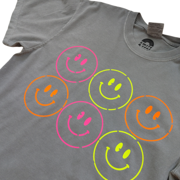 Distressed Neon Smiley Face Graphic T-Shirt.