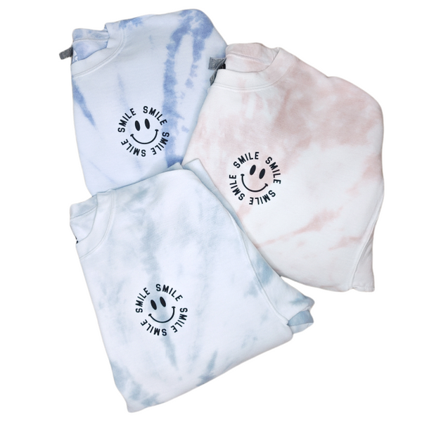 Tan Tie-Dye Smile Sweatshirt.