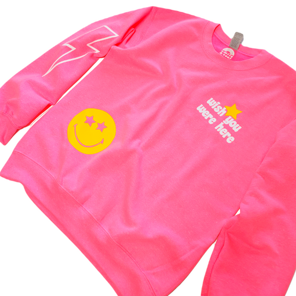 Pink Smiley Face Lightning Bolt Sweatshirt.